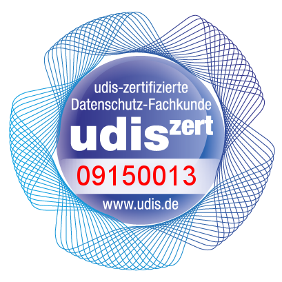 Zertifikat von udis zert bezüglich der Datenschutzverordnung.